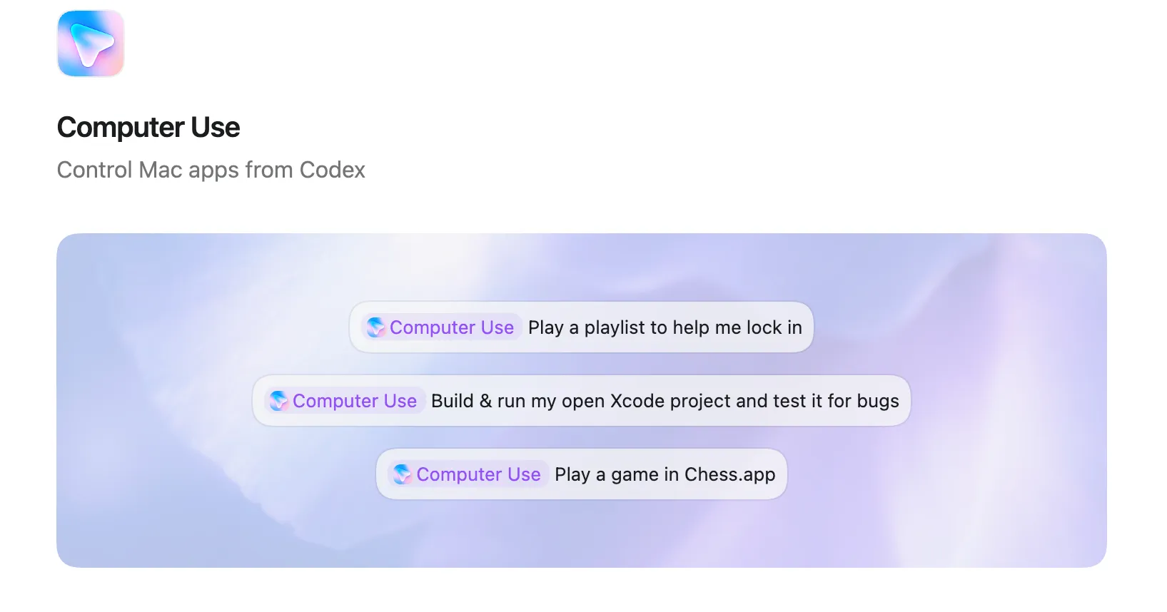 Codex Mac App 的 Computer Use 功能頁面截圖，顯示可從 Codex 控制 Mac app 的說明與示例任務