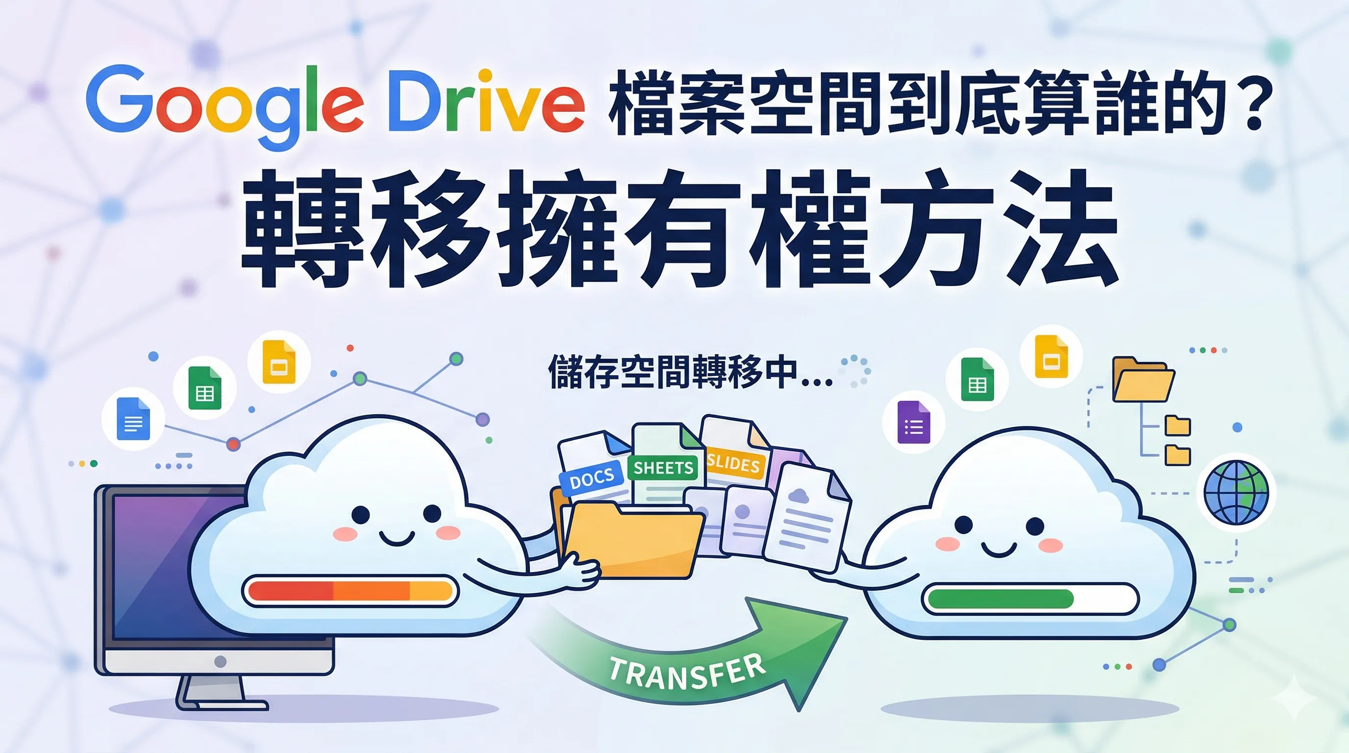 兩朵雲端圖示與 Google Drive 文件圖樣，呈現檔案與儲存空間轉移的封面圖